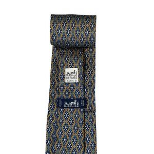 Hermes Mens Tie Geometric Diamonds Blue/Orange Silk 5001 EA 3.75" (W) 62.75" (L)